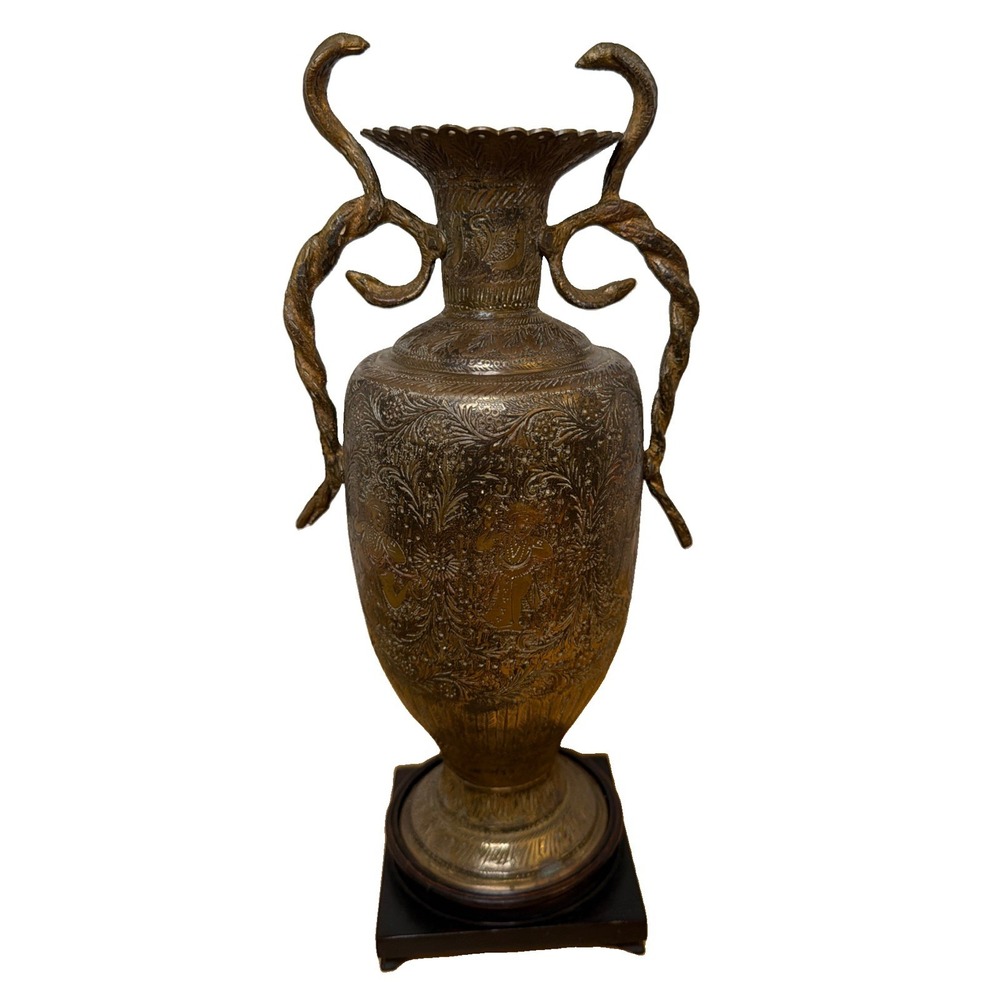 Vintage Heavy 12" Indian Brass Vase Urn Hand Etched Cobra Snake Handles 3+ lbs